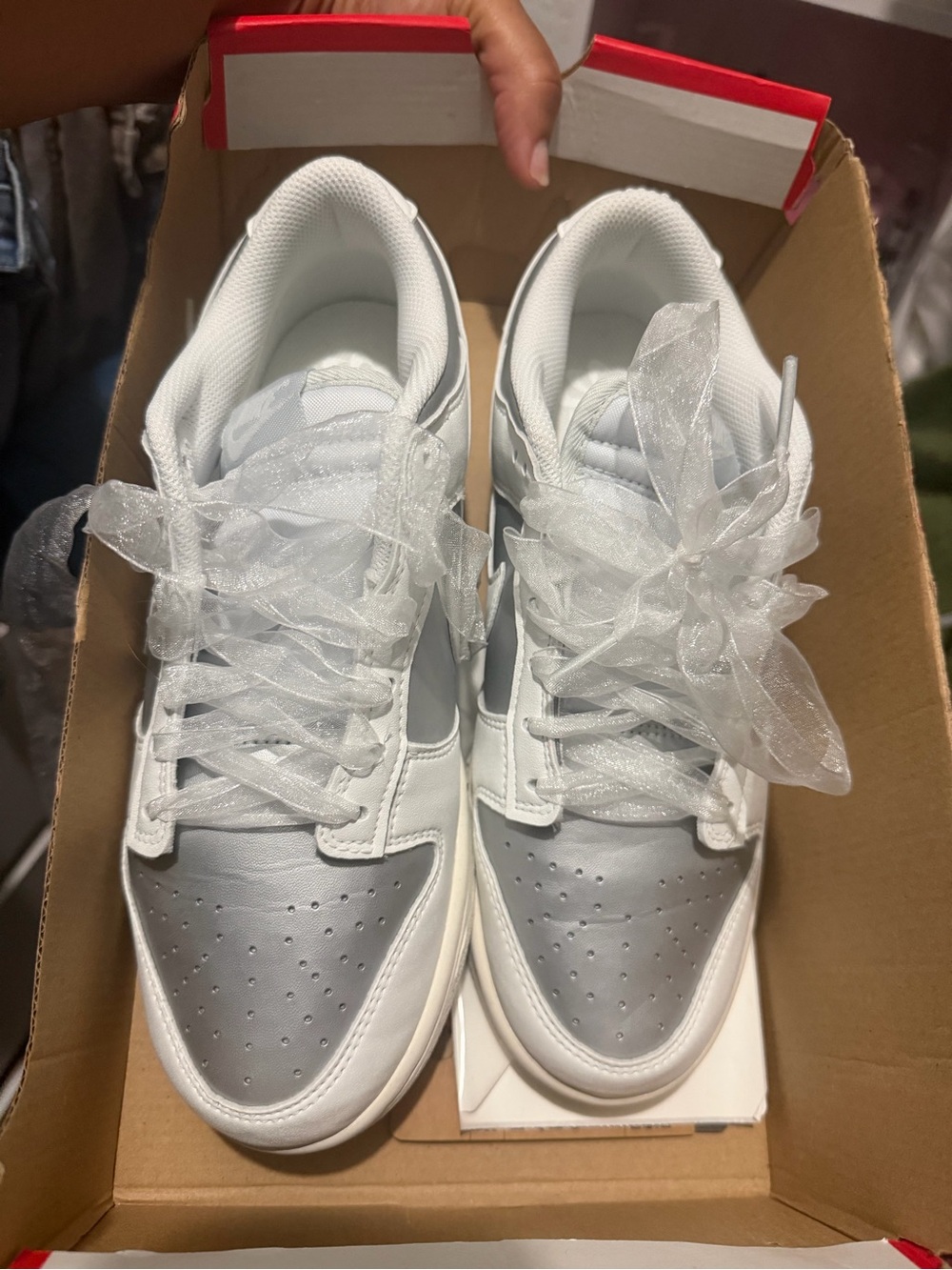 Nike Women's White and Silver Low-Top Athletic Sneakers with Sheer Ribbon Laces